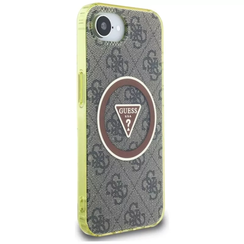 Guess Funda MagSafe IML Metal Glitter 4G Circle Triangle para Apple iPhone 16e (marrón)
