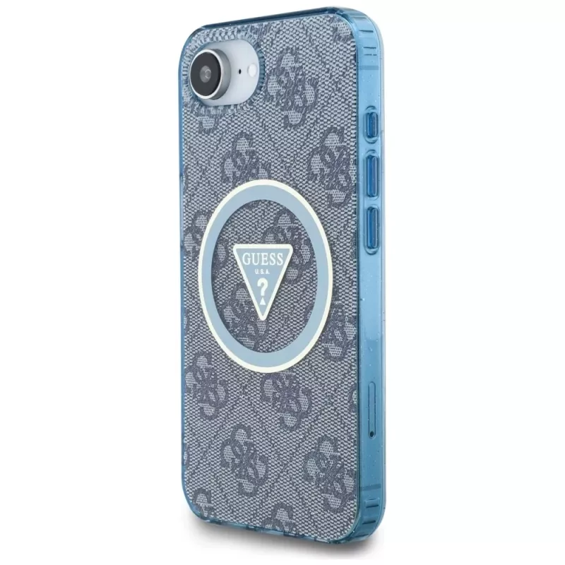 Guess Funda MagSafe IML Metal Glitter 4G Circle Triangle para iPhone 16e (azul)