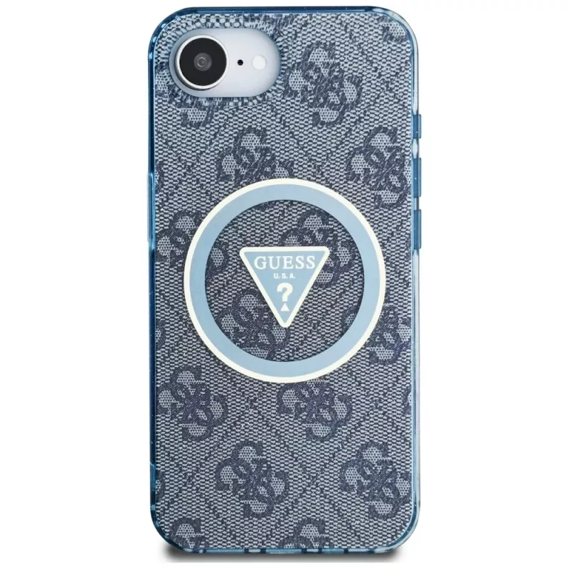 Guess Funda MagSafe IML Metal Glitter 4G Circle Triangle para iPhone 16e (azul)