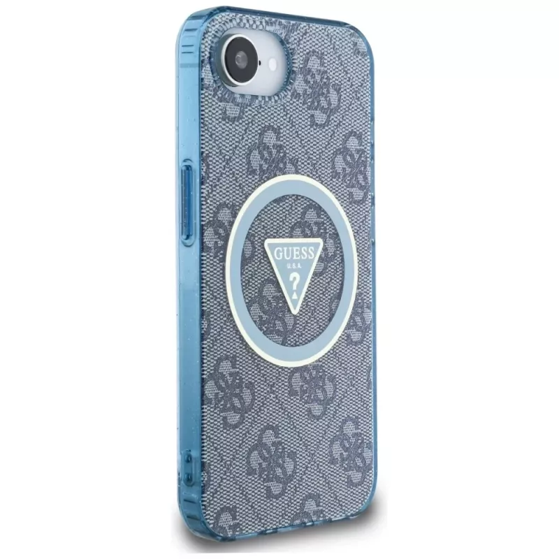 Guess Funda MagSafe IML Metal Glitter 4G Circle Triangle para iPhone 16e (azul)