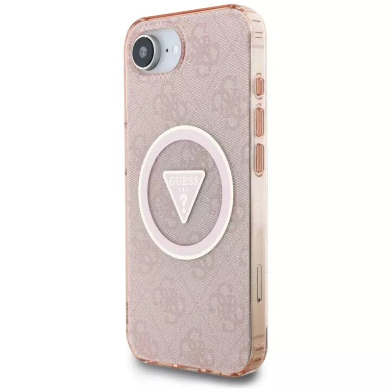 Guess Funda MagSafe IML Metal Glitter 4G Circle Triangle para Apple iPhone 16e (rosa)