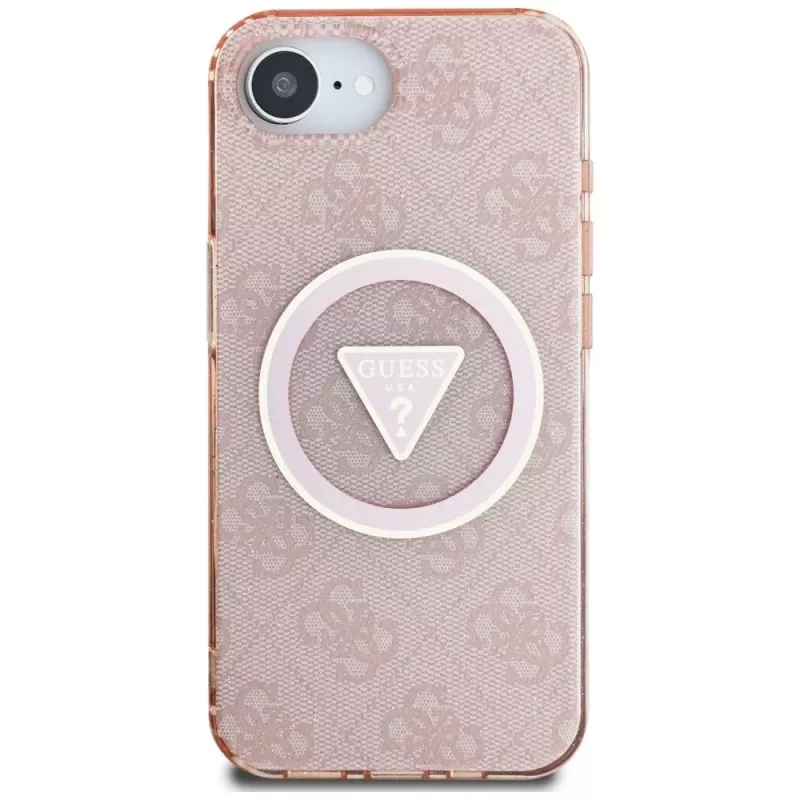 Guess Funda MagSafe IML Metal Glitter 4G Circle Triangle para Apple iPhone 16e (rosa)