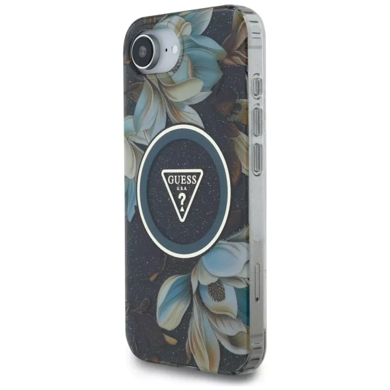 Guess IML Metal Glitter Flowers Triangle Funda MagSafe para Apple iPhone 16e (negro)