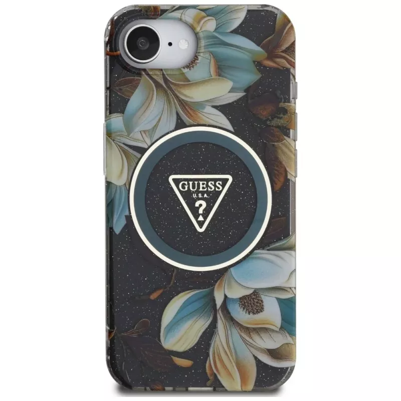 Guess IML Metal Glitter Flowers Triangle Funda MagSafe para Apple iPhone 16e (negro)