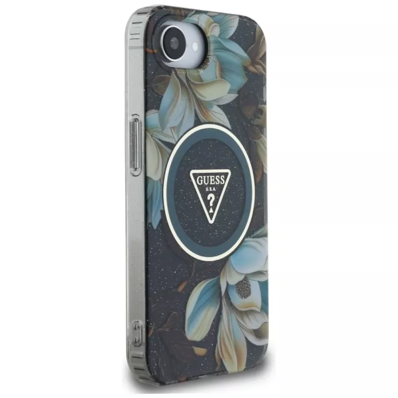 Guess IML Metal Glitter Flowers Triangle Funda MagSafe para Apple iPhone 16e (negro)