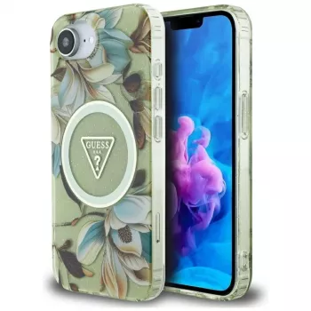 Guess IML Metal Glitter Flowers Triangle Funda trasera MagSafe para Apple iPhone 16e, verde