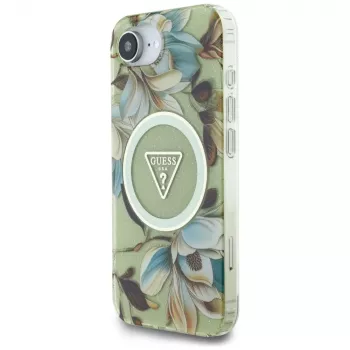 Guess IML Metal Glitter Flowers Triangle Funda trasera MagSafe para Apple iPhone 16e, verde