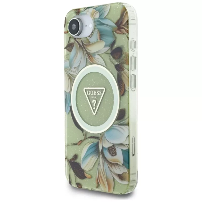 Guess IML Metal Glitter Flowers Triangle Funda trasera MagSafe para Apple iPhone 16e, verde