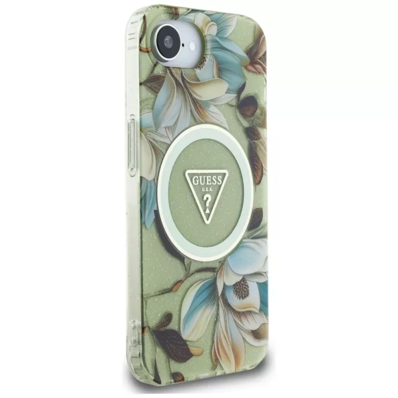 Guess IML Metal Glitter Flowers Triangle Funda trasera MagSafe para Apple iPhone 16e, verde