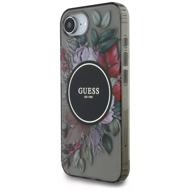 Guess IML Flowers Funda MagSafe para iPhone 16e (negro)