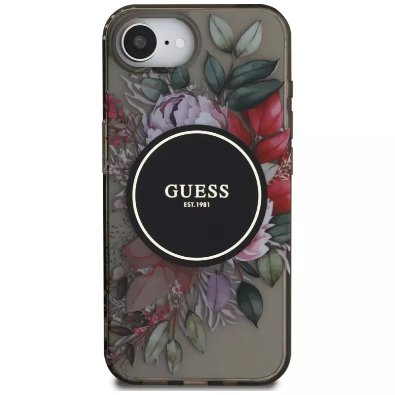Guess IML Flowers Funda MagSafe para iPhone 16e (negro)