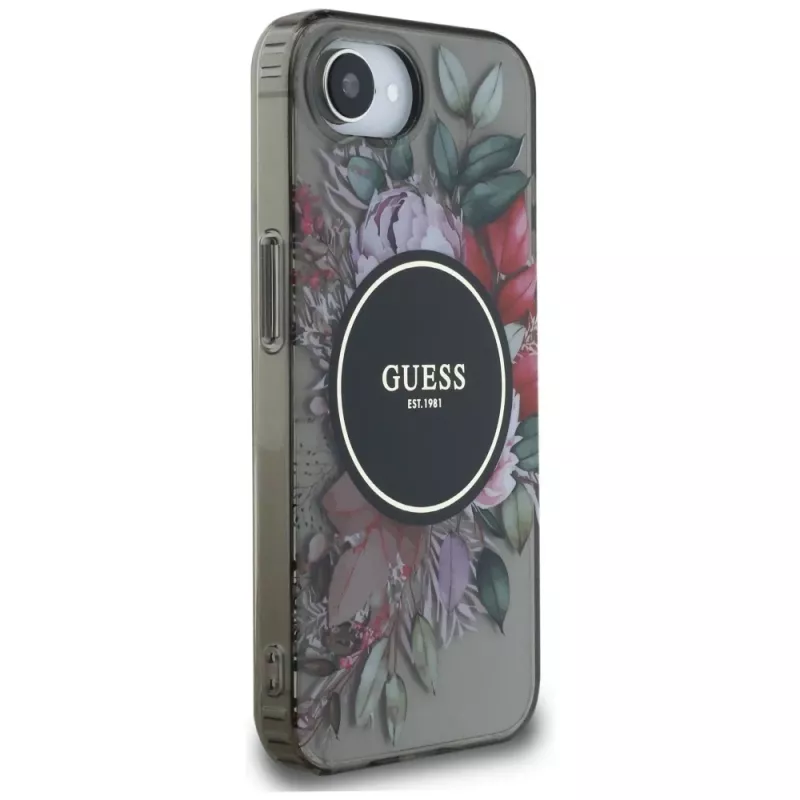 Guess IML Flowers Funda MagSafe para iPhone 16e (negro)