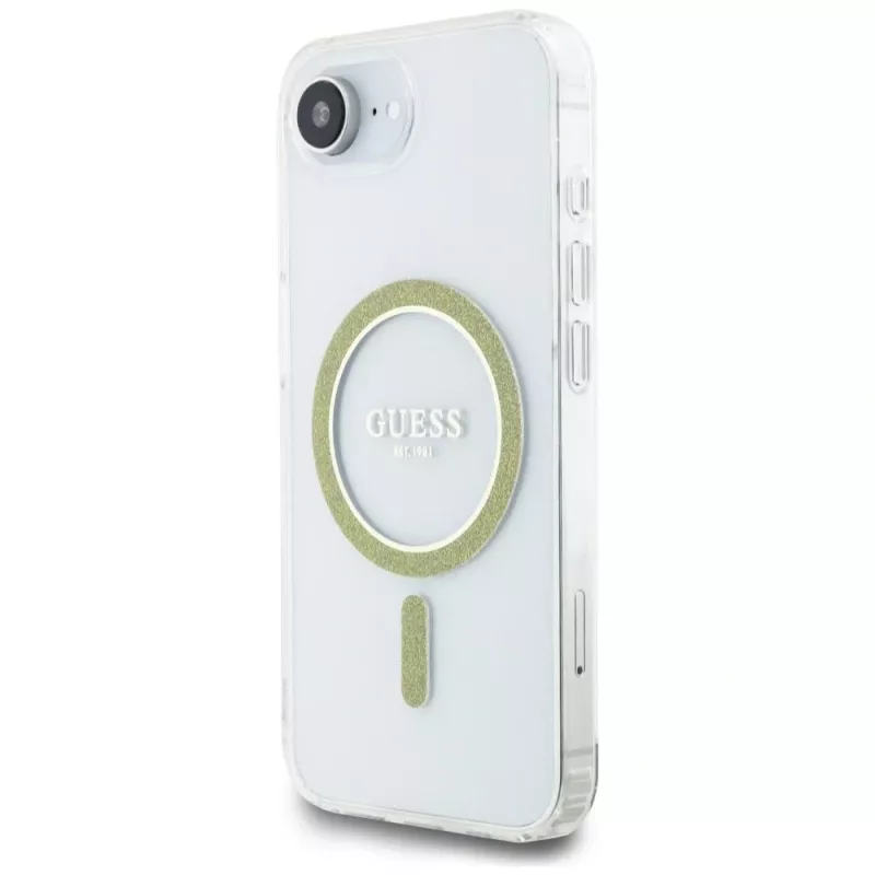 Guess IML Glitter Circle Funda MagSafe para iPhone 16e (transparente)