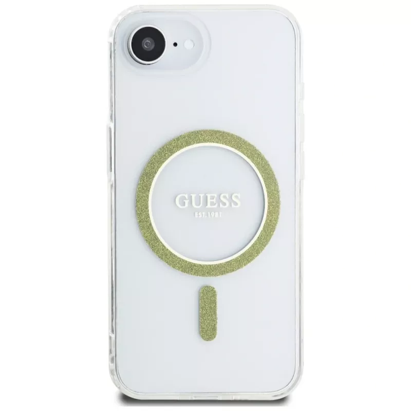 Guess IML Glitter Circle Funda MagSafe para iPhone 16e (transparente)