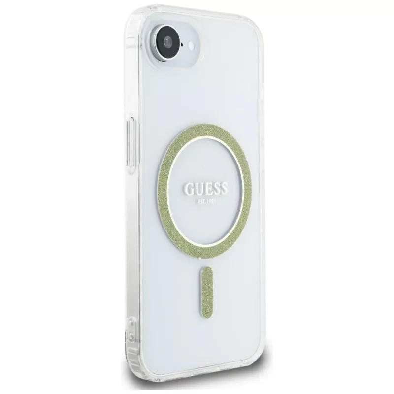 Guess IML Glitter Circle Funda MagSafe para iPhone 16e (transparente)