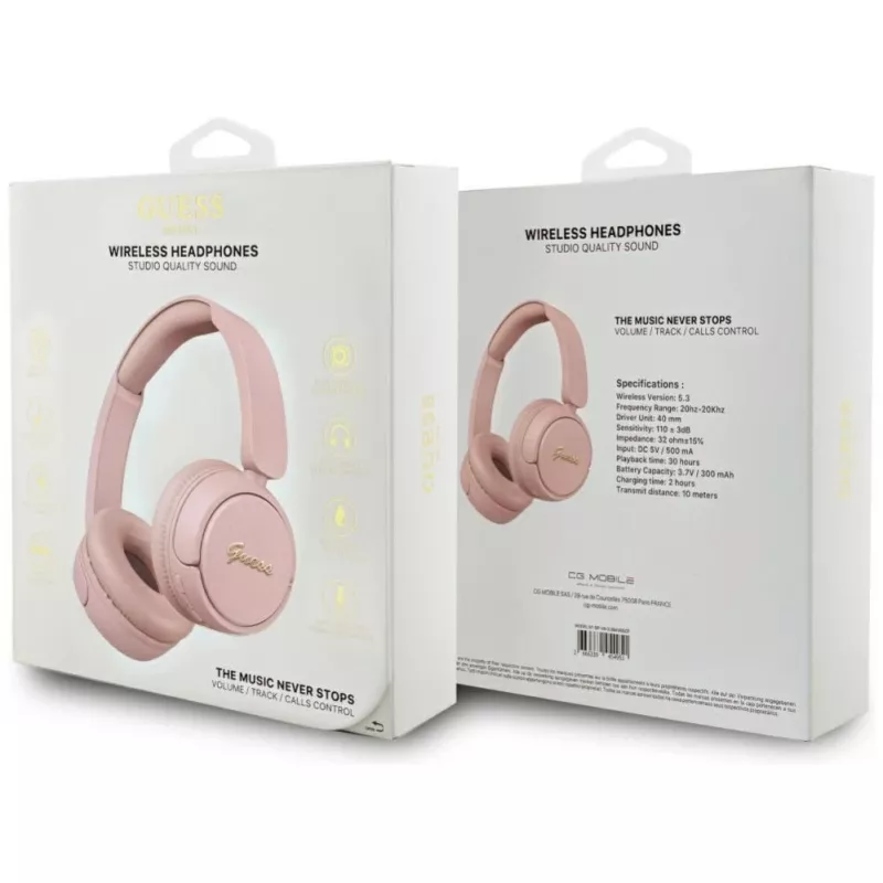Guess Metal Logo Script Auriculares inalámbricos Bluetooth 5.3 on-ear (rosa)