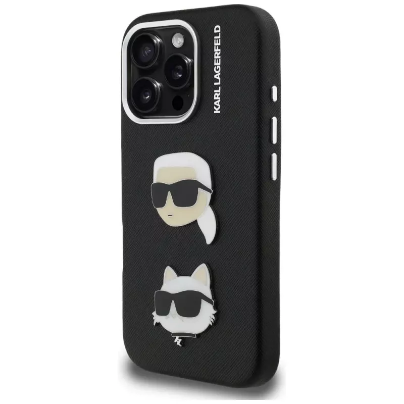 KARL LAGERFELD FW Grained Karl & Choupette Heads Pins Funda para iPhone 16 Pro, negro