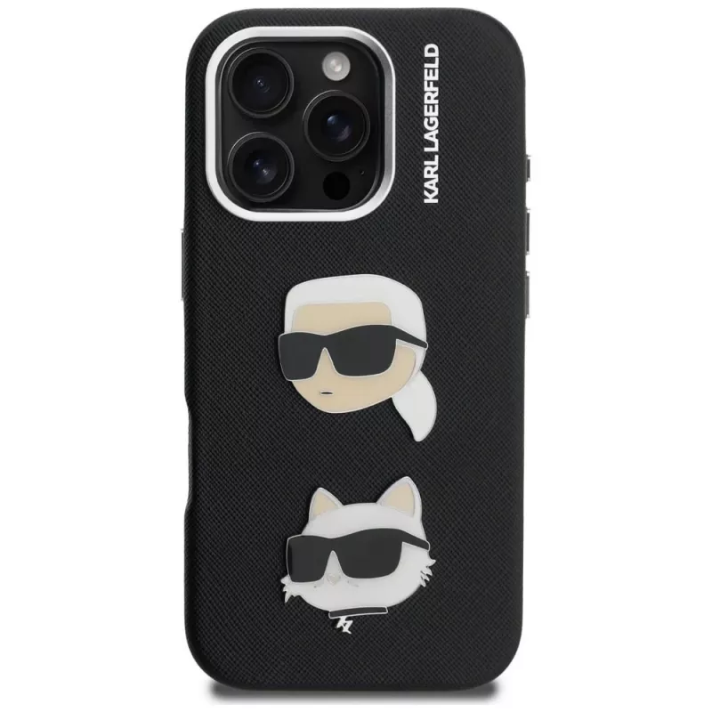 KARL LAGERFELD FW Grained Karl & Choupette Heads Pins Funda para iPhone 16 Pro, negro