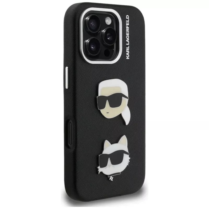 KARL LAGERFELD FW Grained Karl & Choupette Heads Pins Funda para iPhone 16 Pro, negro