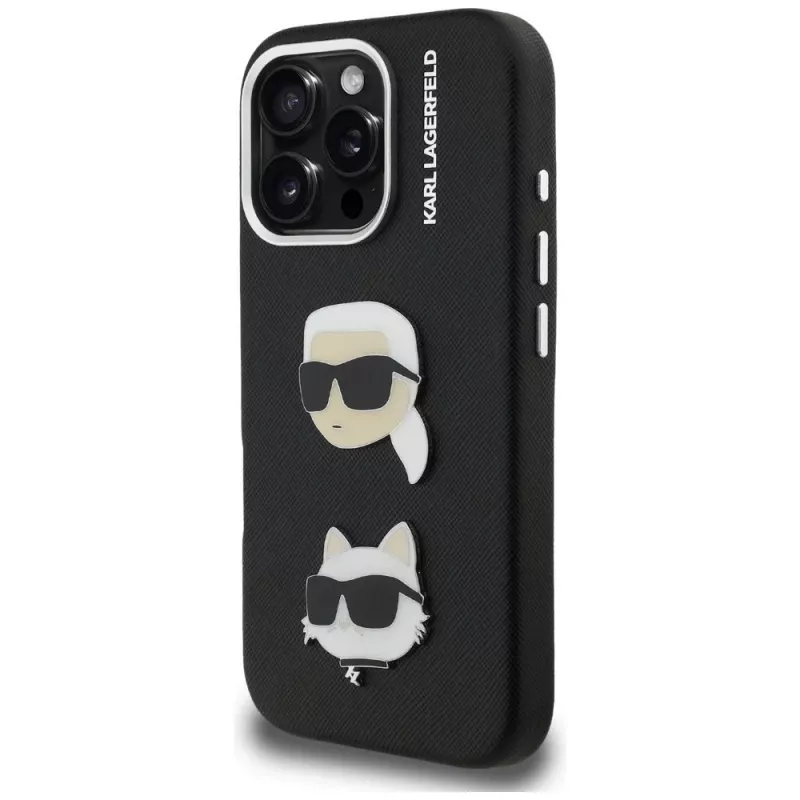 KARL LAGERFELD FW Grained Karl & Choupette Heads Pins Funda para iPhone 16 Pro Max, negro