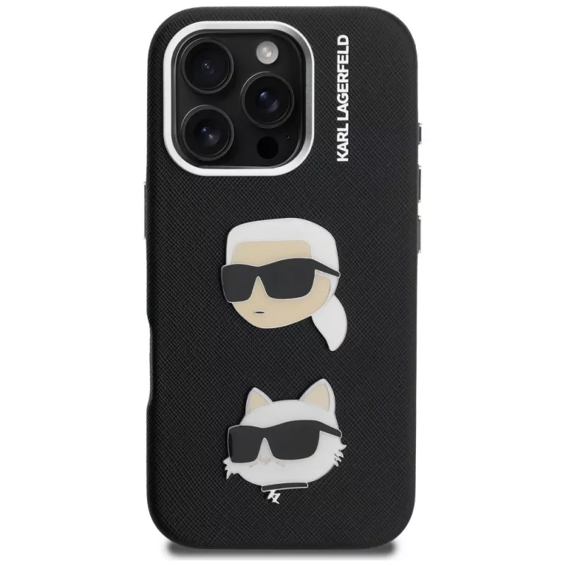 KARL LAGERFELD FW Grained Karl & Choupette Heads Pins Funda para iPhone 16 Pro Max, negro