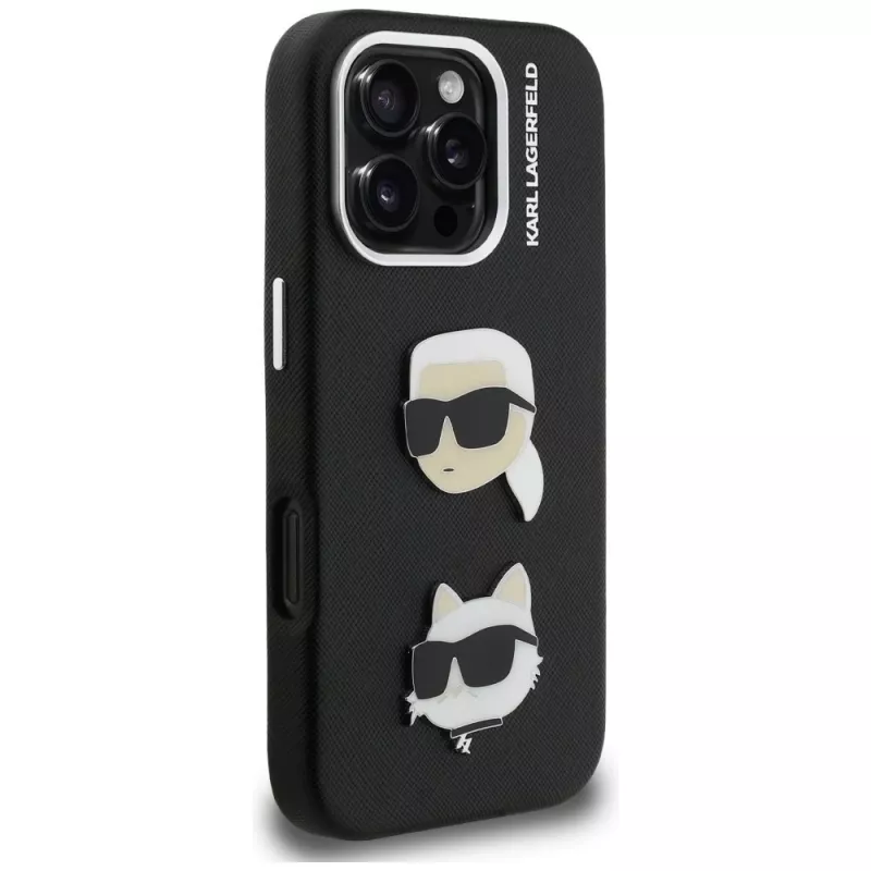 KARL LAGERFELD FW Grained Karl & Choupette Heads Pins Funda para iPhone 16 Pro Max, negro