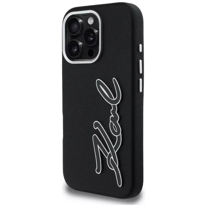 Karl Lagerfeld FW Grained Signature Logo Funda para iPhone 16 Pro, negro