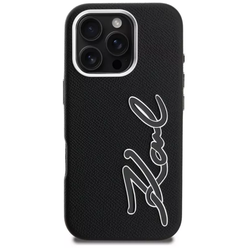 Karl Lagerfeld FW Grained Signature Logo Funda para iPhone 16 Pro, negro