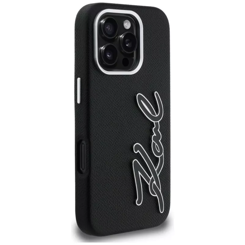 Karl Lagerfeld FW Grained Signature Logo Funda para iPhone 16 Pro, negro