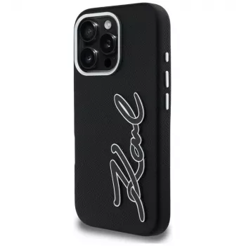 KARL LAGERFELD FW Grained Signature Logo Funda para iPhone 16 Pro Max, negro