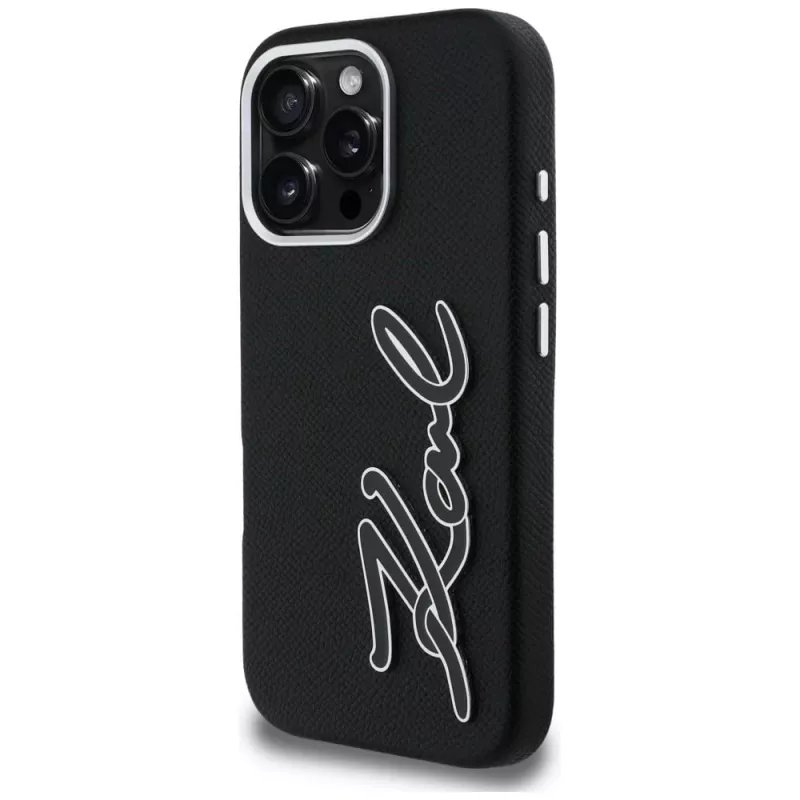 KARL LAGERFELD FW Grained Signature Logo Funda para iPhone 16 Pro Max, negro