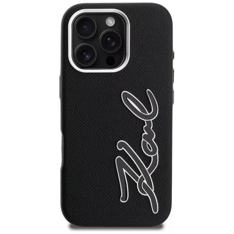 KARL LAGERFELD FW Grained Signature Logo Funda para iPhone 16 Pro Max, negro