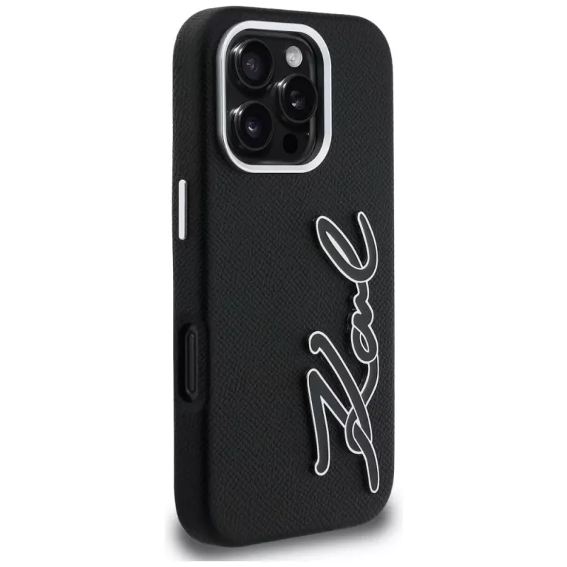 KARL LAGERFELD FW Grained Signature Logo Funda para iPhone 16 Pro Max, negro