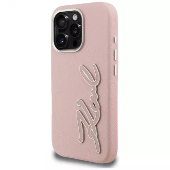 KARL LAGERFELD FW Grained Signature Logo Funda rígida para iPhone 16 Pro, rosa