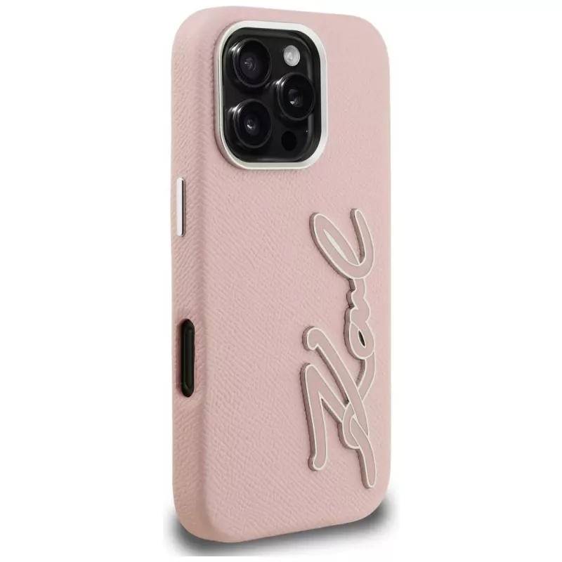 KARL LAGERFELD FW Grained Signature Logo Funda rígida para iPhone 16 Pro, rosa