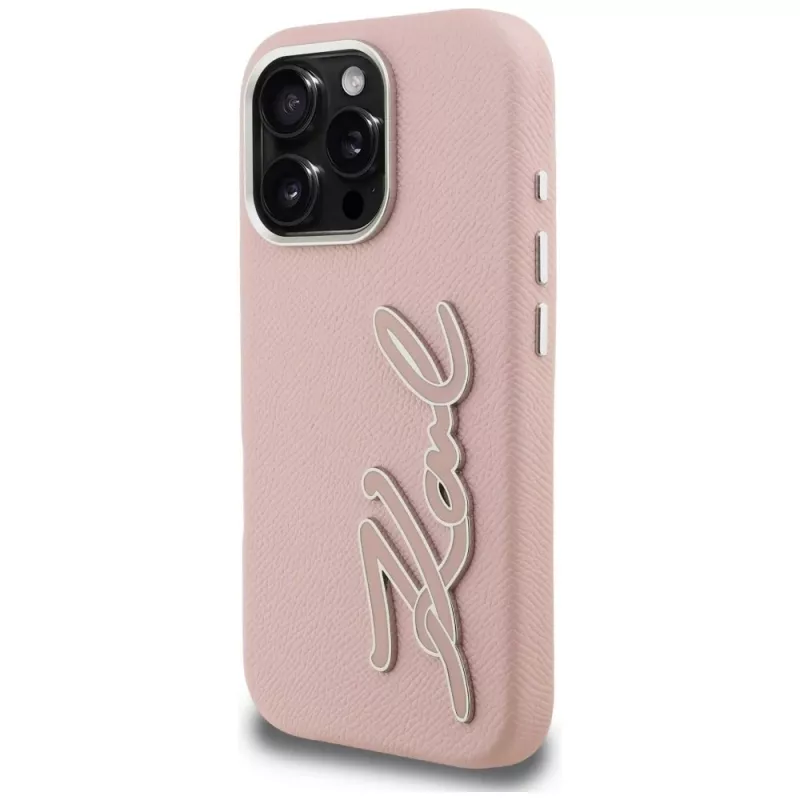KARL LAGERFELD FW Grained Signature Logo Funda para iPhone 16 Pro Max, rosa