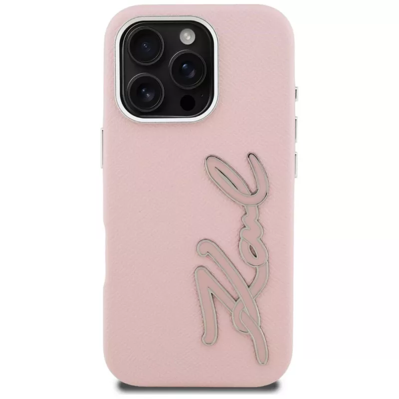 KARL LAGERFELD FW Grained Signature Logo Funda para iPhone 16 Pro Max, rosa