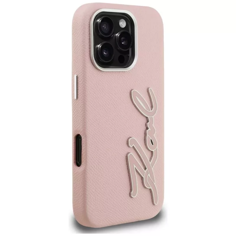 KARL LAGERFELD FW Grained Signature Logo Funda para iPhone 16 Pro Max, rosa