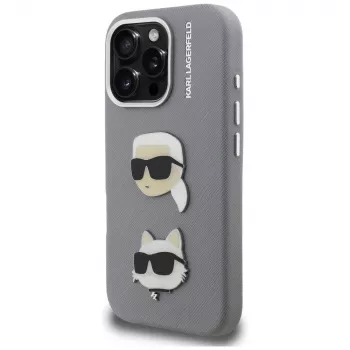 Karl Lagerfeld FW Grained Karl & Choupette Heads Pins Funda para iPhone 16 Pro, gris