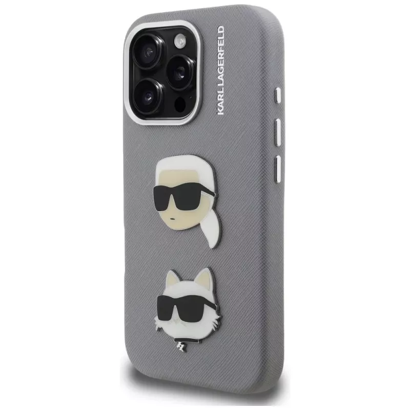 Karl Lagerfeld FW Grained Karl & Choupette Heads Pins Funda para iPhone 16 Pro, gris
