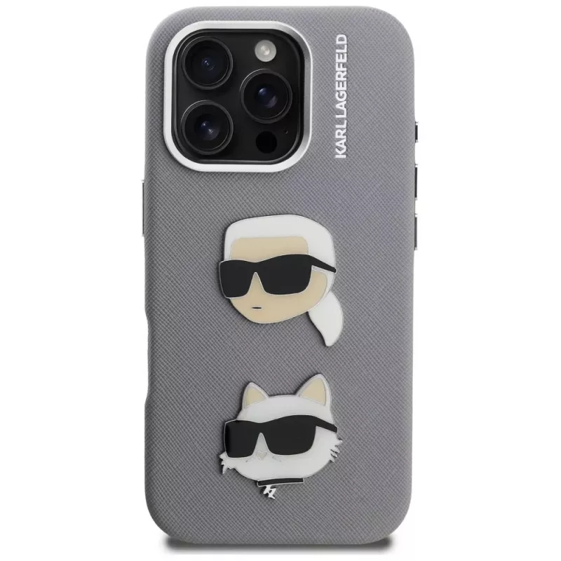 Karl Lagerfeld FW Grained Karl & Choupette Heads Pins Funda para iPhone 16 Pro, gris