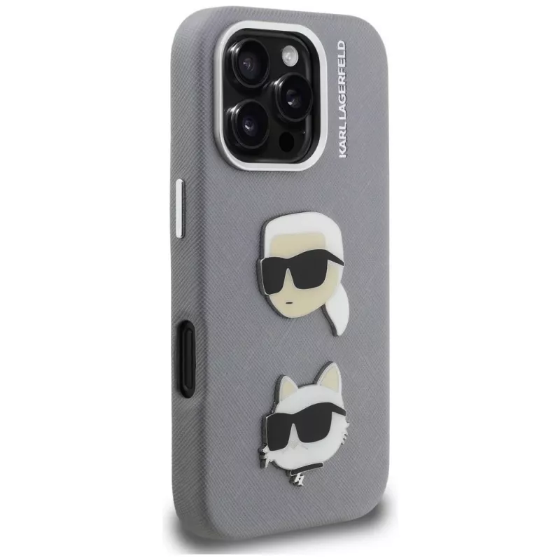 KARL LAGERFELD FW Grained Karl & Choupette Heads Pins Funda para iPhone 16 Pro Max, gris