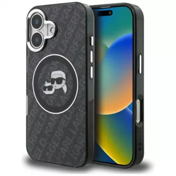 Karl Lagerfeld IML Glitter Karl & Choupette Heads Logo Funda MagSafe para iPhone 16, negro