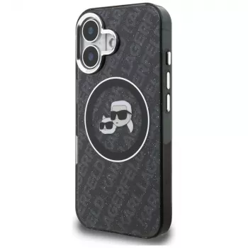 Karl Lagerfeld IML Glitter Karl & Choupette Heads Logo Funda MagSafe para iPhone 16, negro