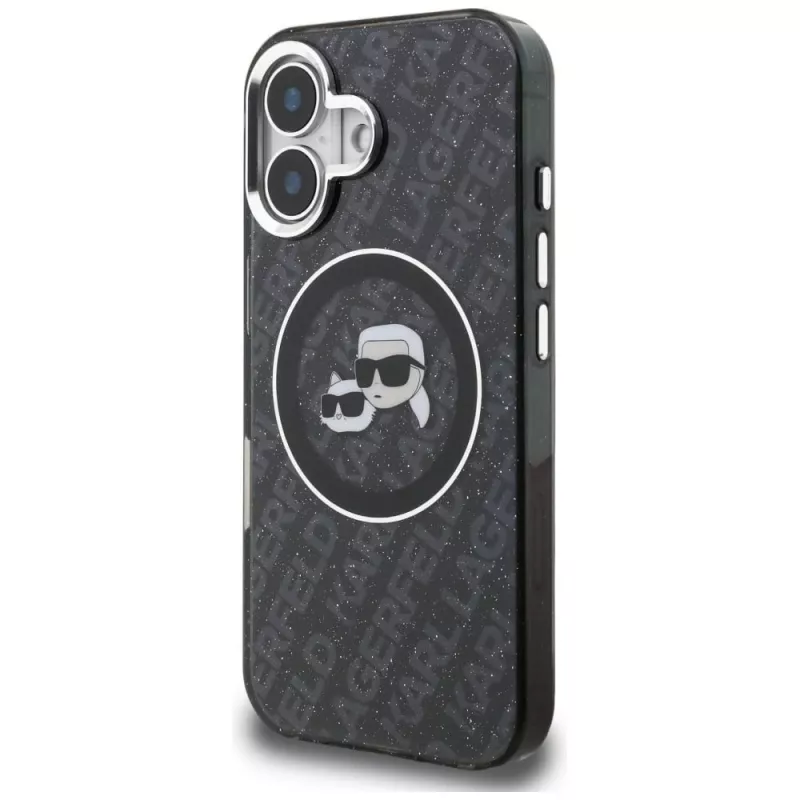 Karl Lagerfeld IML Glitter Karl & Choupette Heads Logo Funda MagSafe para iPhone 16, negro