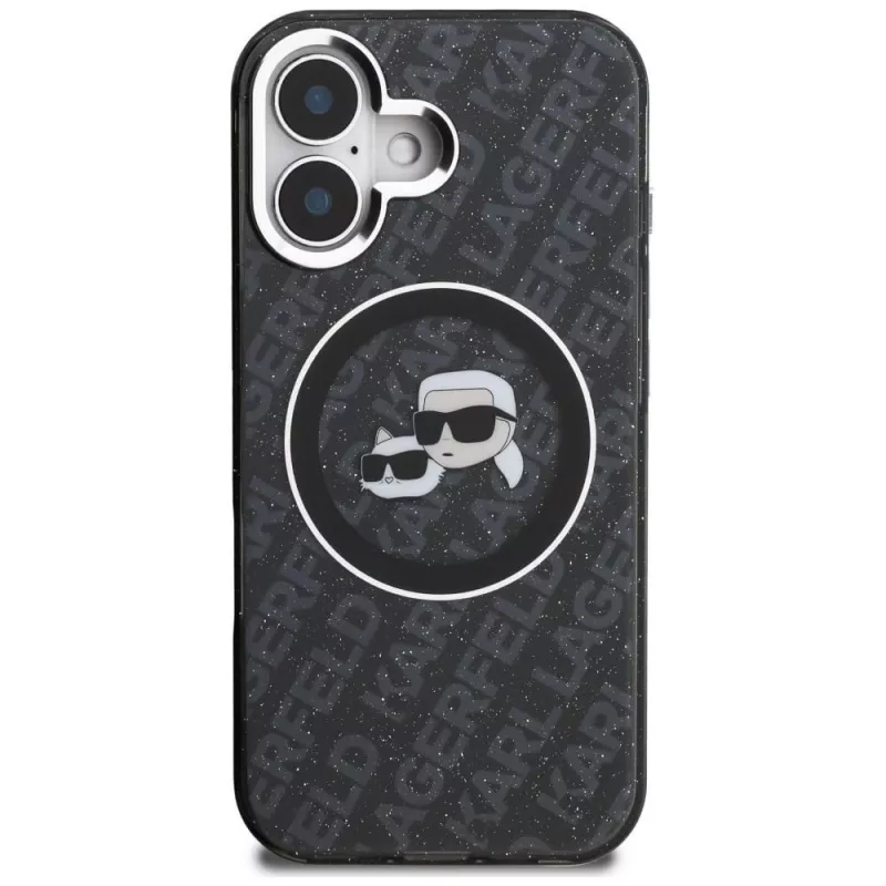 Karl Lagerfeld IML Glitter Karl & Choupette Heads Logo Funda MagSafe para iPhone 16, negro
