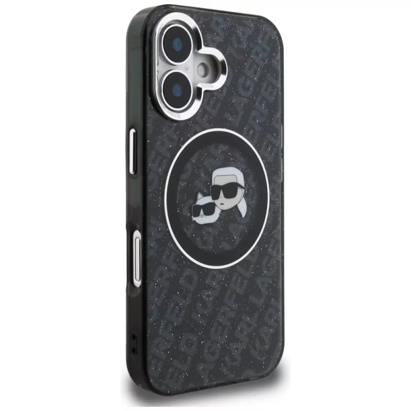 Karl Lagerfeld IML Glitter Karl & Choupette Heads Logo Funda MagSafe para iPhone 16, negro