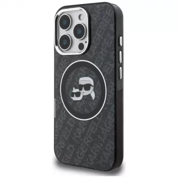 Karl Lagerfeld IML Glitter Karl & Choupette Heads Logo Funda MagSafe para Apple iPhone 16 Pro, negro