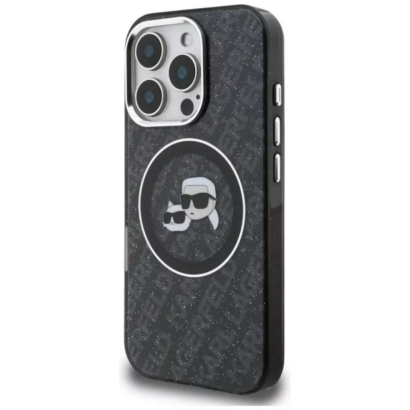 Karl Lagerfeld IML Glitter Karl & Choupette Heads Logo Funda MagSafe para Apple iPhone 16 Pro, negro