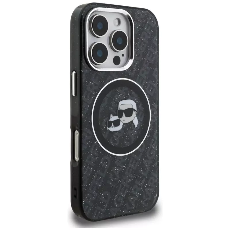 Karl Lagerfeld IML Glitter Karl & Choupette Heads Logo Funda MagSafe para Apple iPhone 16 Pro, negro